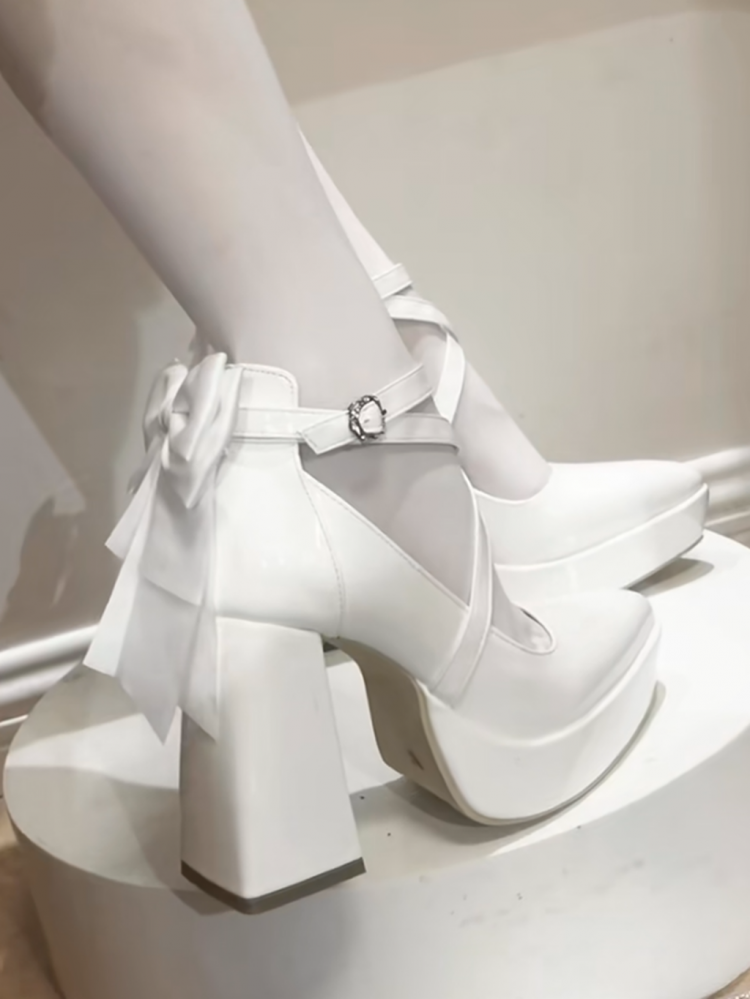 Gothic Weiß Abnehmbare Schleife Kreuzgurt Plateau High Heels mit Blockabsatz