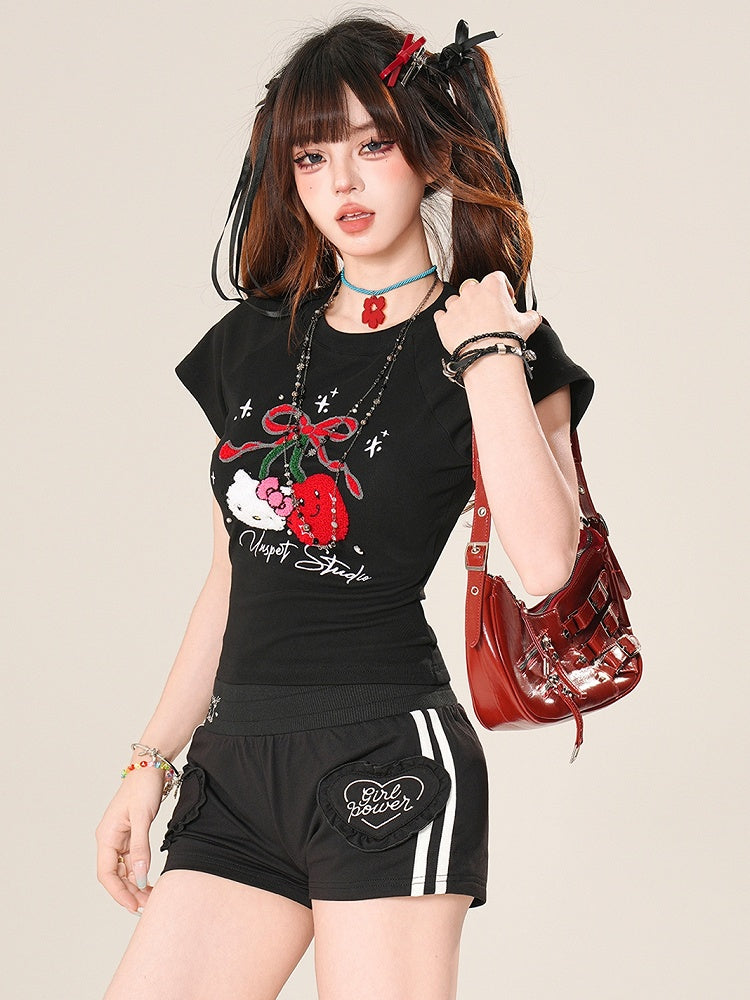 Plush T-shirt Puppy And Cherry White/Black Glamorous Applique