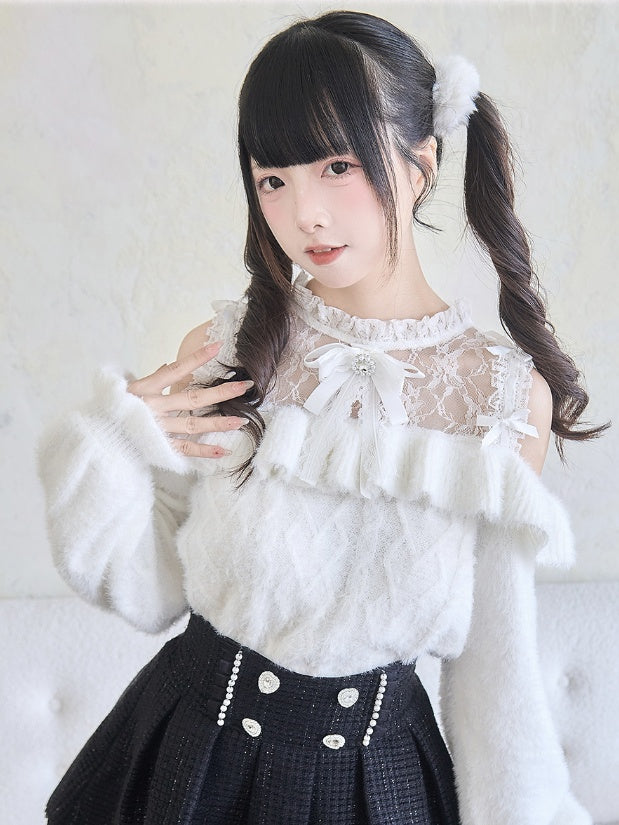 Ruffle Trim White Jirai Kai Contrast Lace Patches Sweater Cutout Shoulder Bowknots