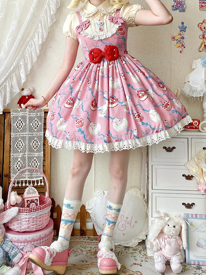 Kitty Cake Fashion Dress Sweet and Showa Pink Lolita Print Cherry