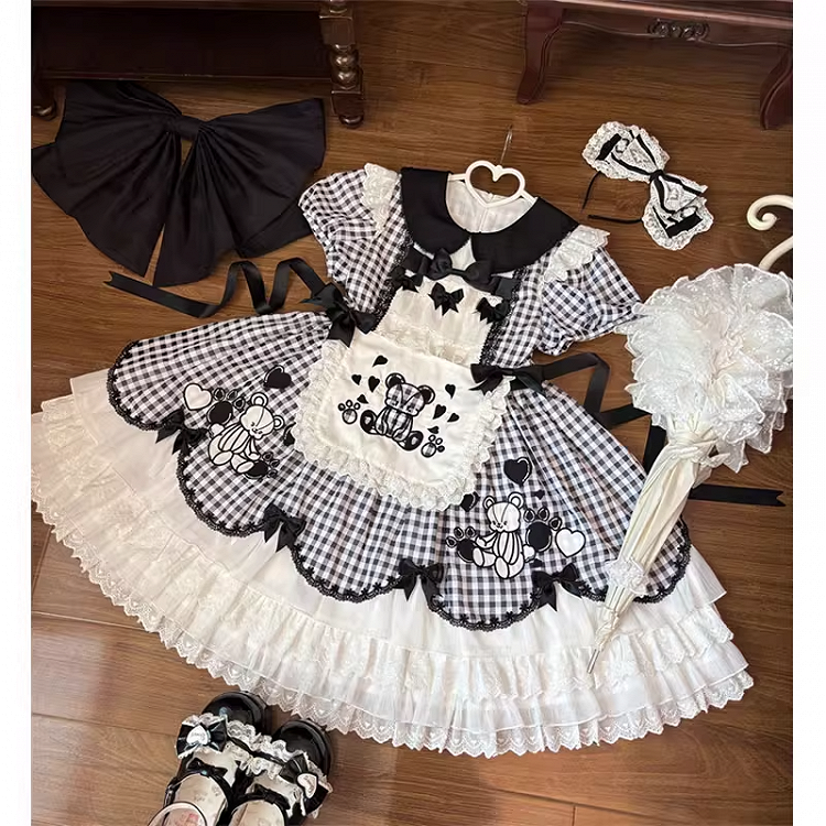 Sleeves Black White Plaid Bear Lolita Dress Skirt Puff Tiered Embroidery OP
