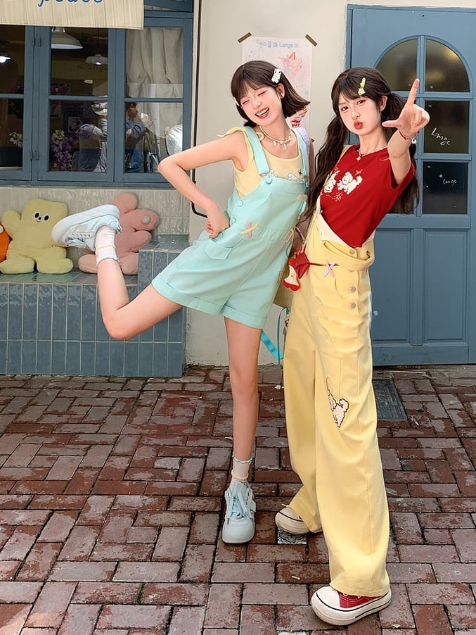 Cut Cartoon Puppy Embroidery Straight-leg Yellow Overall Pants