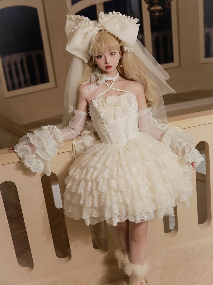 Creamy Scallop Lolita White Skirt Trim Embroidered Princess Dress Tiered