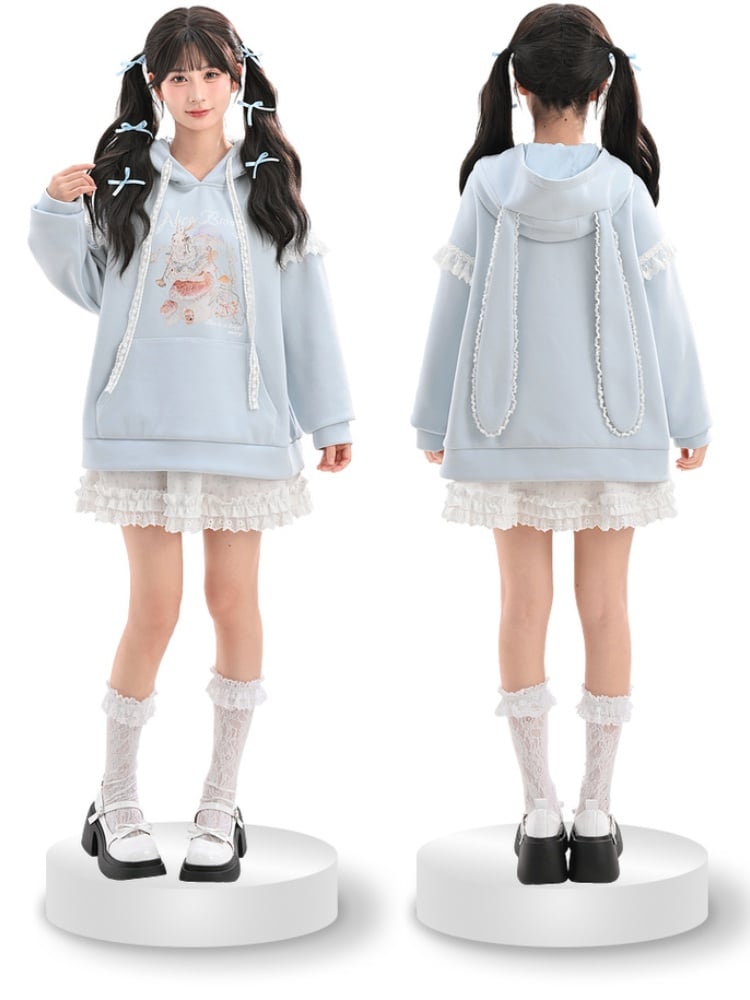 Yume Kawaii Blue Bunny Ear Hood Rabbit Print Hoodie
