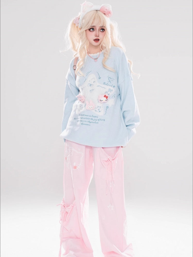 Light Blue/Light Yellow Star Applique Cute Kitties Adorned Loose Sweater