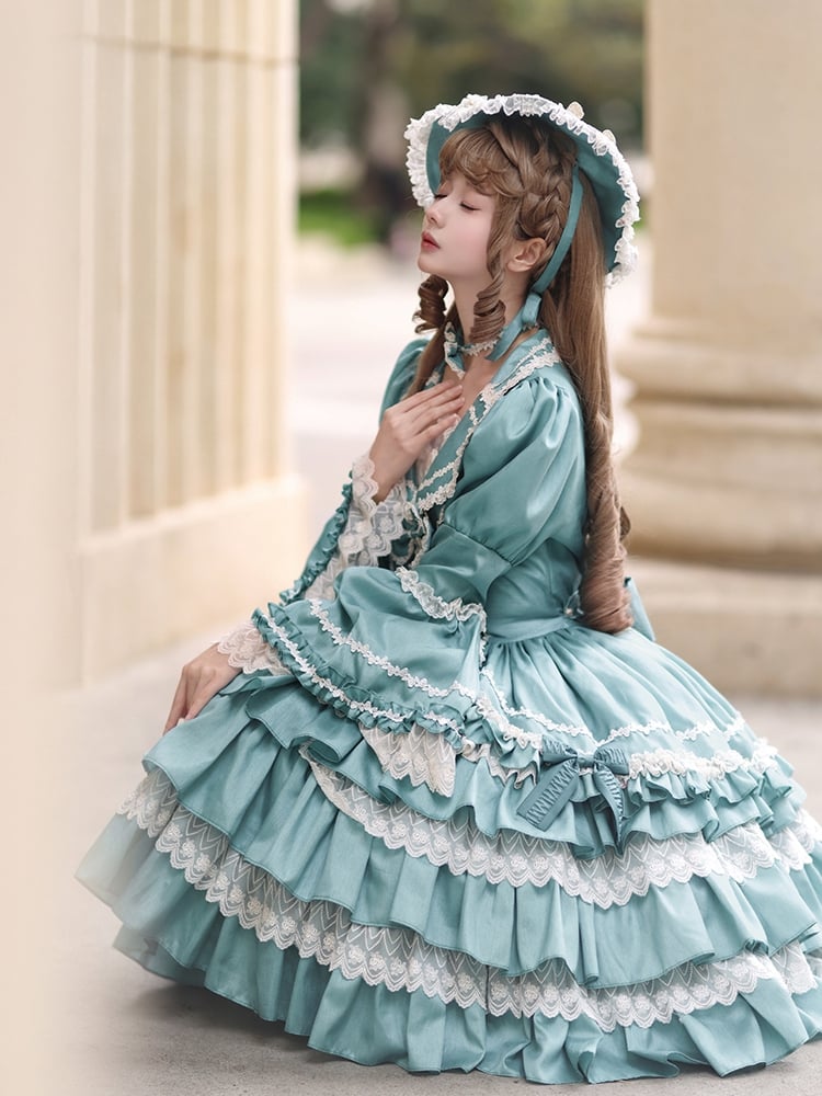 Türkisgrünes Lolita-Kleid mit Stufenrock und langen Ärmeln