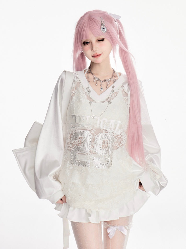 Sweatshirt White V-neck Contrast Lace Patches Number Applique Summer