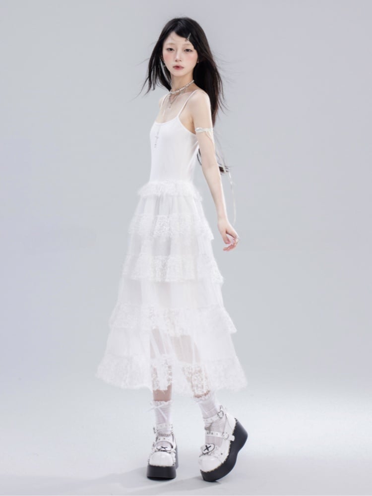 Skirt Cami Dress Waist Chain Sweet White Lace Tiered Free with