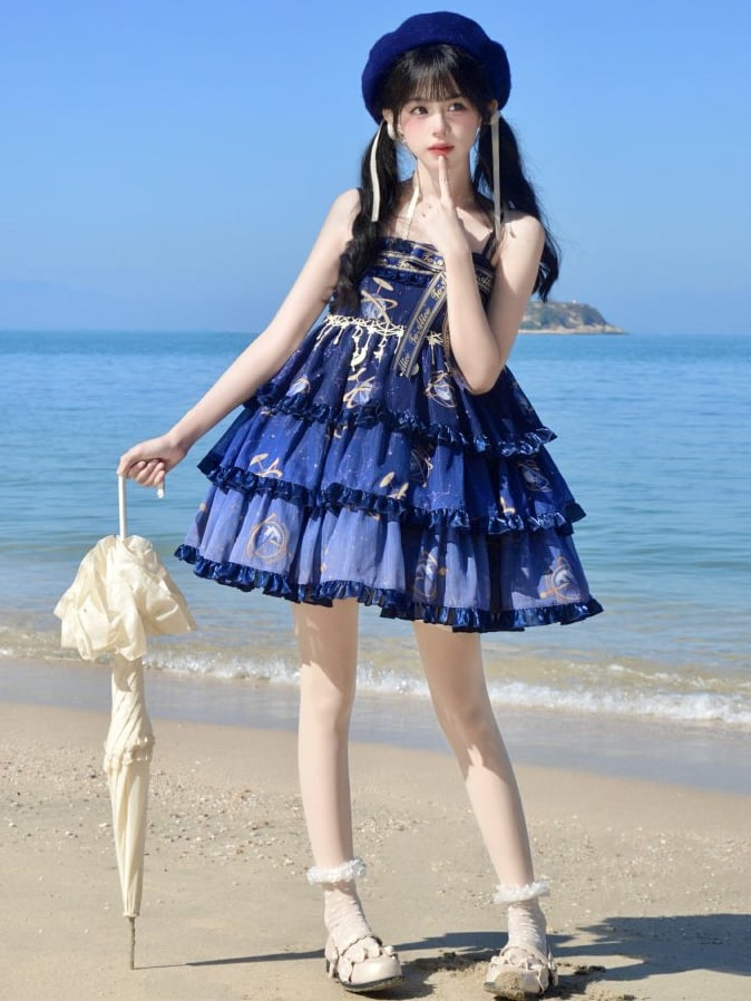 Navy Blue Celestial Globe &Starry Empire Waist Lolita Jumper Skirt
