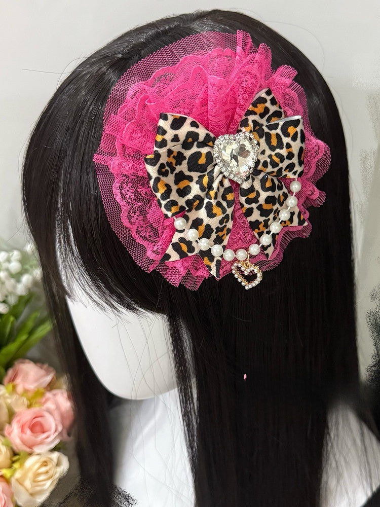 Rhinestone Trim Charm Leopard Lace Beaded Red Heart Decorated Pattern Pink/Rose Hairclip Bowknot
