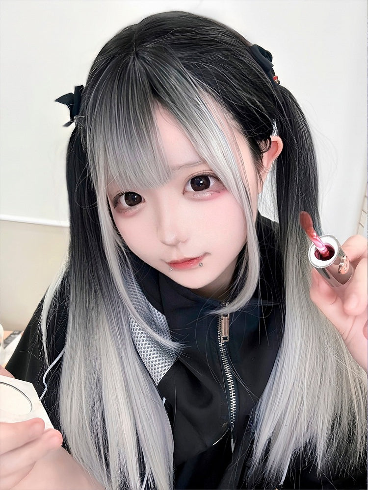 And Straight Bangs Length Air 68CM Silver Ombre With Black Wig