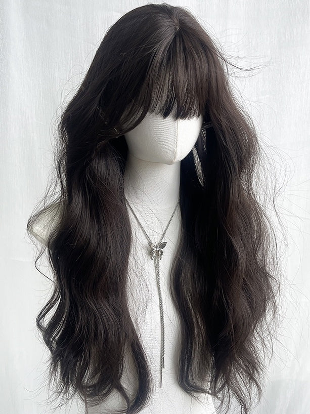 Black Tea Long Wavy Wig With Air Bangs