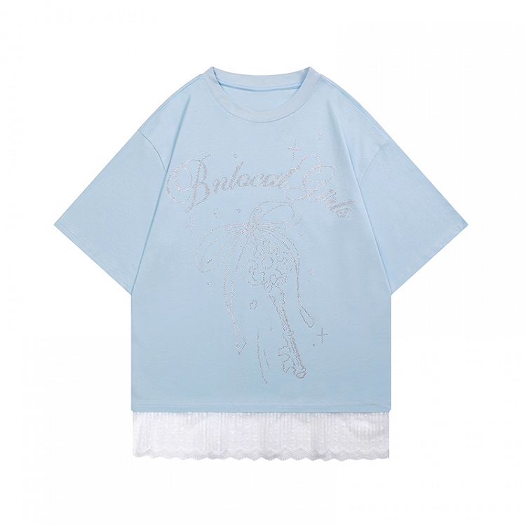 Loose Round Bowknot and Key Rhinestones Lace Trim Blue Neck T-shirt