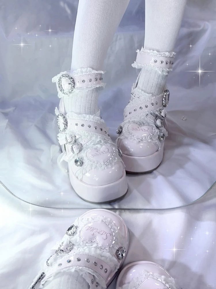 Rhinestone Decor Block Platform Heel with Heels: - Buckle Straps Kei Criss-Cross Pink Chunky Lace High Jirai