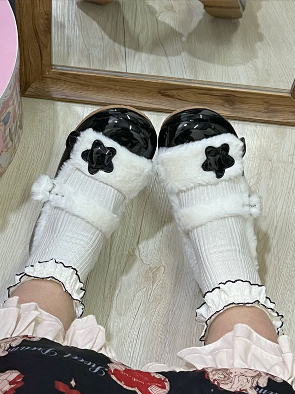 Fleece-Dekor, schwarzes Futter – Riemen, Stern, süße Plüschschuhe, flach