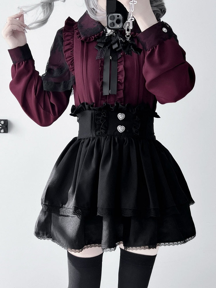 Pleating Outfit- Black Shirt Jirai Kei Skirt Red + Details Tiered