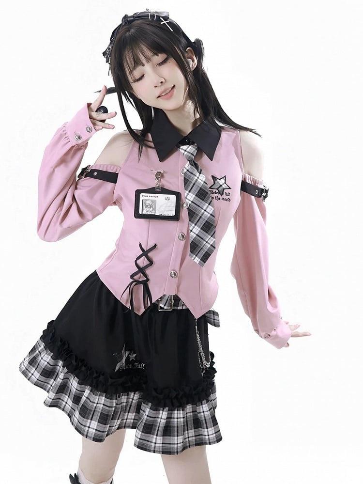 Chain Idol with Detachable Tiered Plaid Skirt Belt Black Waist Punk
