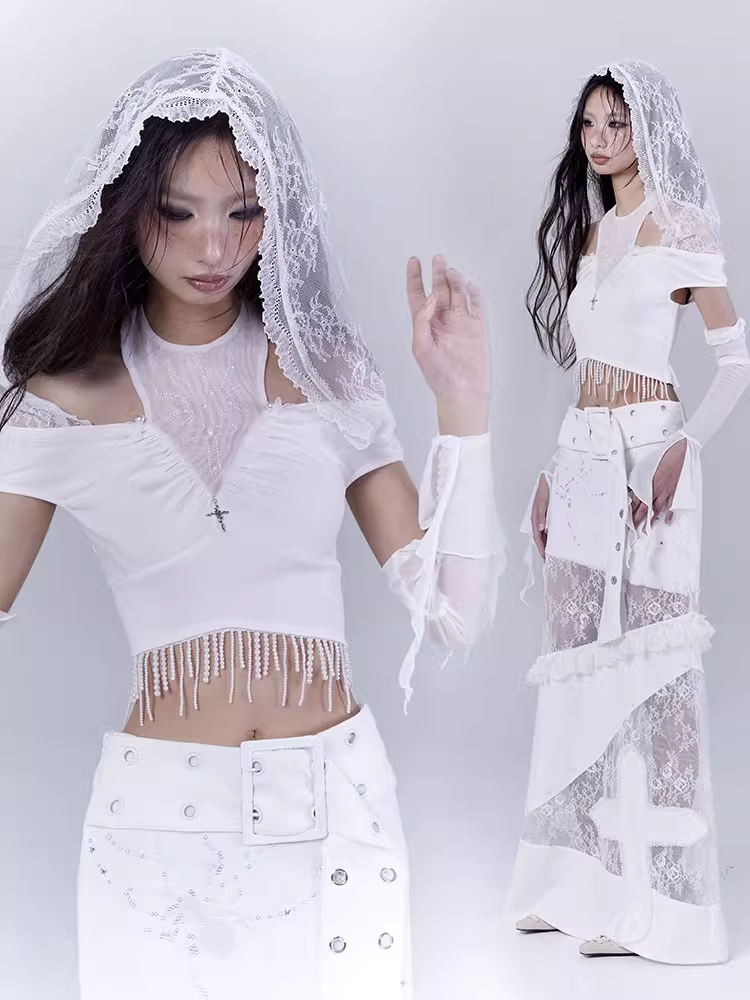 Hood Punk Hem Top with Cropped White Cutout Lace Shoulder Beaded Tassel