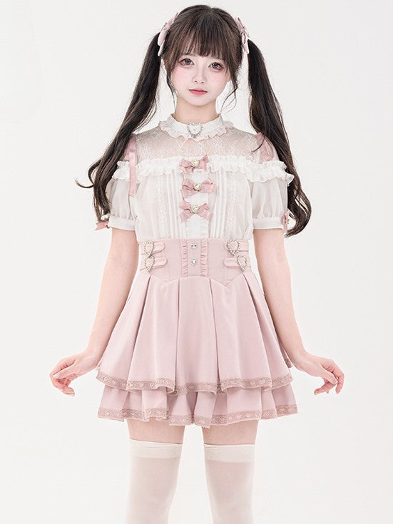 Bowknot Short Jirai Rhinestone Shirt Pleating Pink Details Sleeves Decorated Kei Heart
