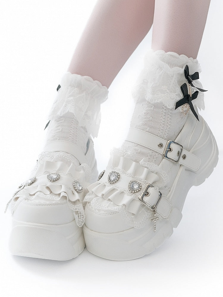 Platforms Heart Cross Rhinestone White Ruffles Charm Details Trim Bittersweet