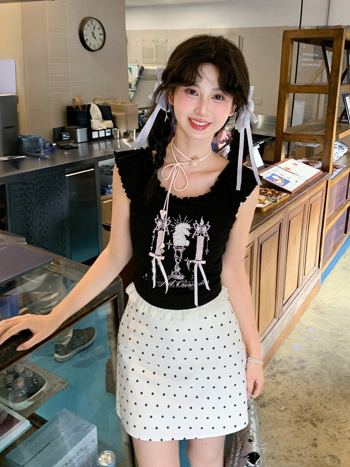 Top Tank Black Candlestick Print Lace Trim Bittersweet