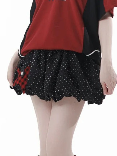 Belt Black Polka Buckle Star Dot Mini Bubble Skirt Plaid Applique with Red