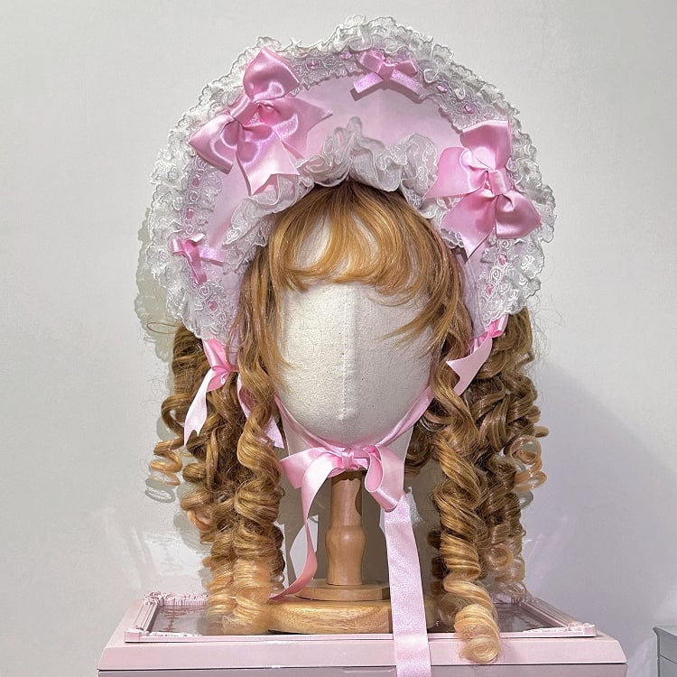 Adorned School Pink Bows and Old Lace Bonnet Lolita