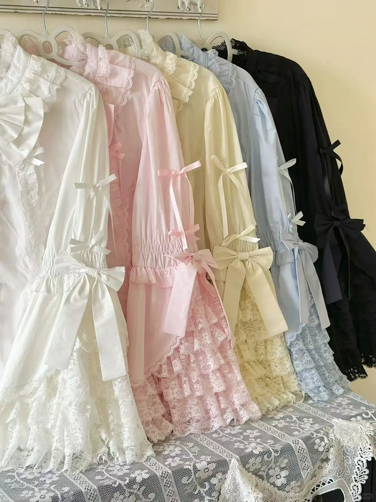 Blau Rosa Bluse Glockengröße Weiß / Lolita Ärmel Plus Aprikose Schwarz