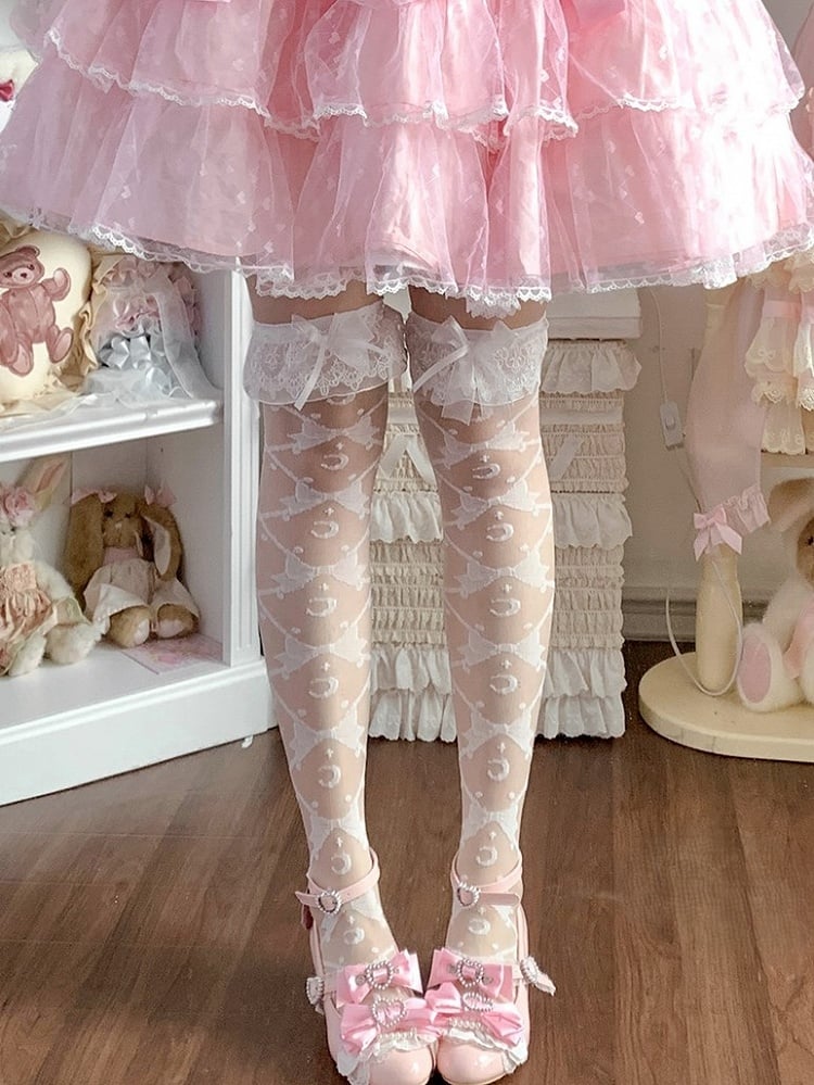 Sweet Pattern White Bowknots Cuffs Stockings Lolita Underknee/Overknee and Moon Lace