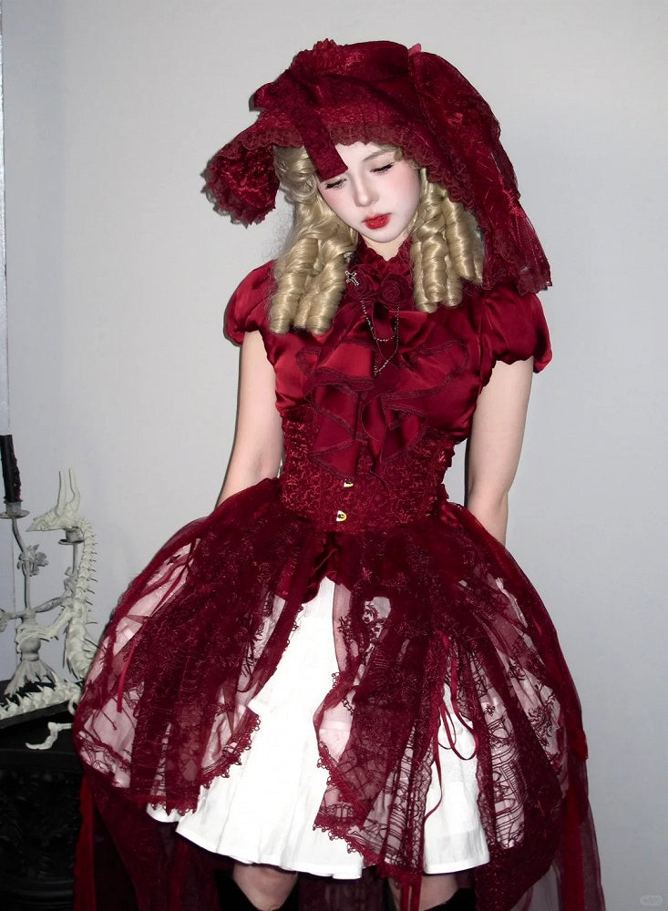 Red Gothic Lolita Corset Belt with Drawstring Design Cathedral Embroidery Overlay
