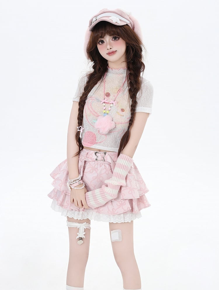 Cropped Beige/Light Pink Yume T-Shirt Adorable Animal Print Semi-sheer Kawaii