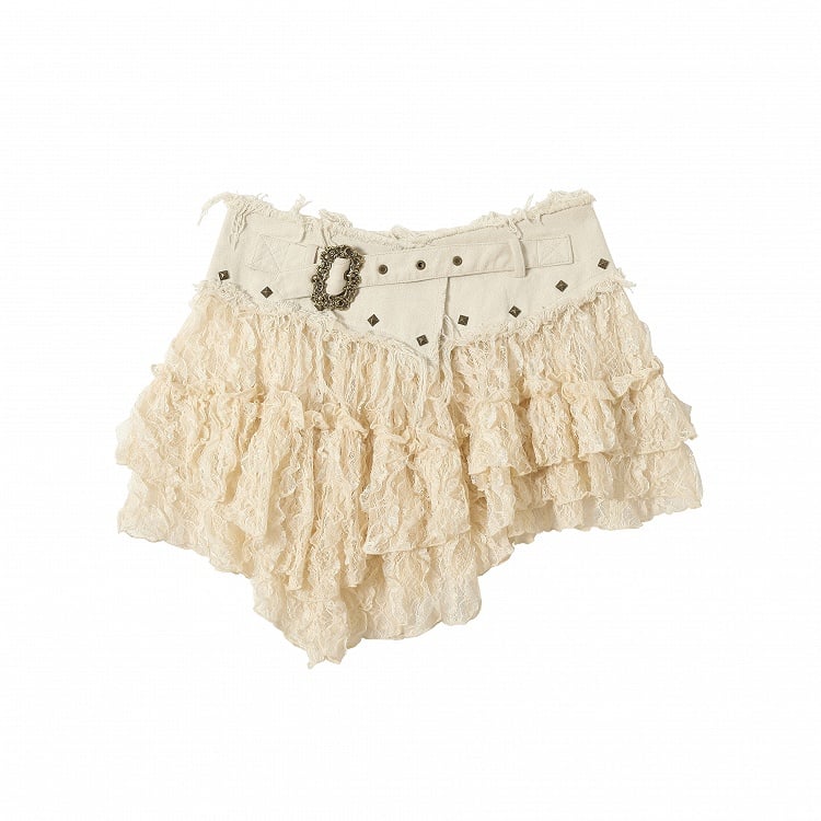 Beiger Spitzenrock mit asymmetrischem Saum, Distressed-Besatz und Schnallendetail