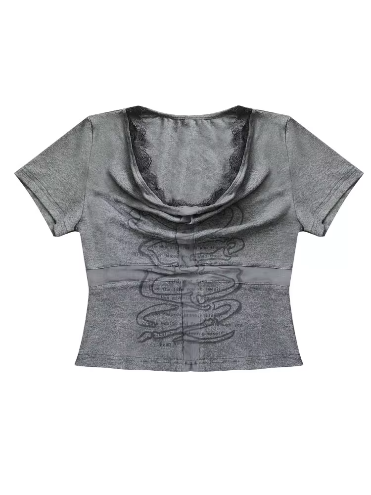 Dunkelgraues T-Shirt mit Wasserfallausschnitt und Kreuzausschnitt