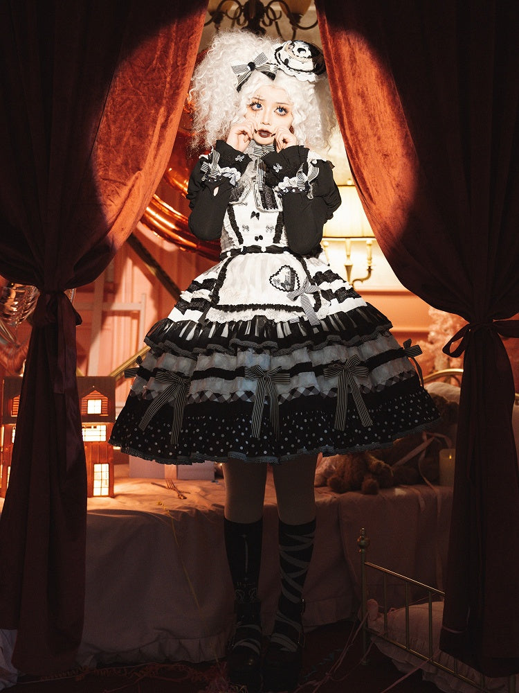 Bow Skirt Lolita Sweet and Black Tiered White Oreo Cake Accents Dress