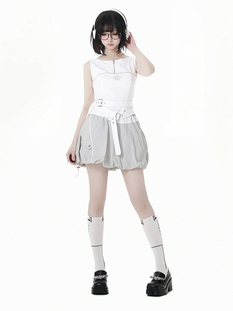 Gray Drawstring Hem Techwear Bubble Skirt