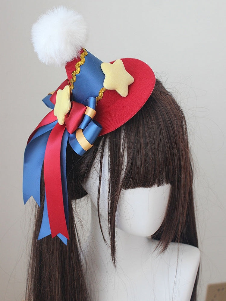 Blauer und roter Zirkus-Sweet-Lolita-Stars-Minihut mit großer Schleife und Pompon