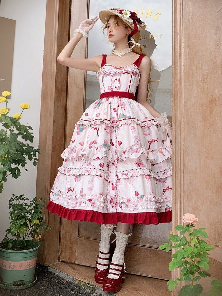 Kitty and Strawberry Print Spring and Summer Cottagecore Lolita Dress