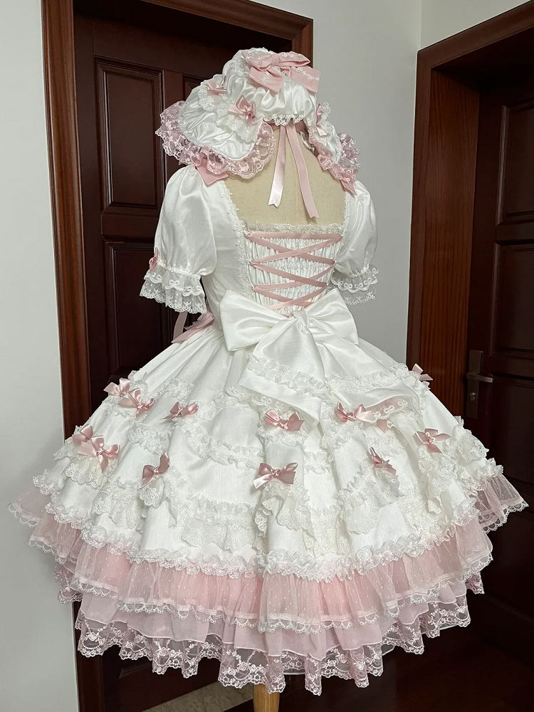 Pink Detachable Accents White Princess Sleeves Sweet Waist High Lolita Bow with Dress Sakura