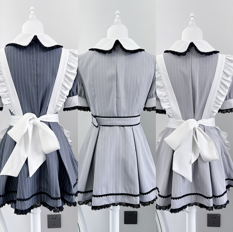 Shorts Pan Gray White Kei Stripes Collar Maid with and Set Peter Jirai Top