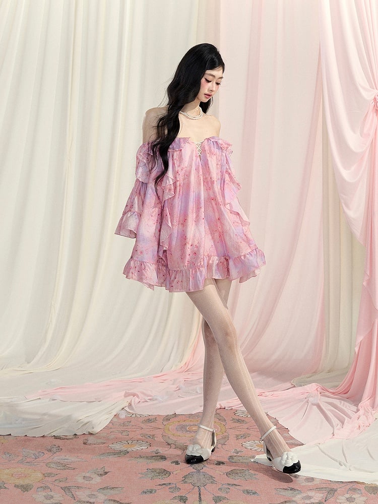 Pink Off-the-Shoulder Bell Sleeves Cascading Ruffle Dress Accents Floral Mini