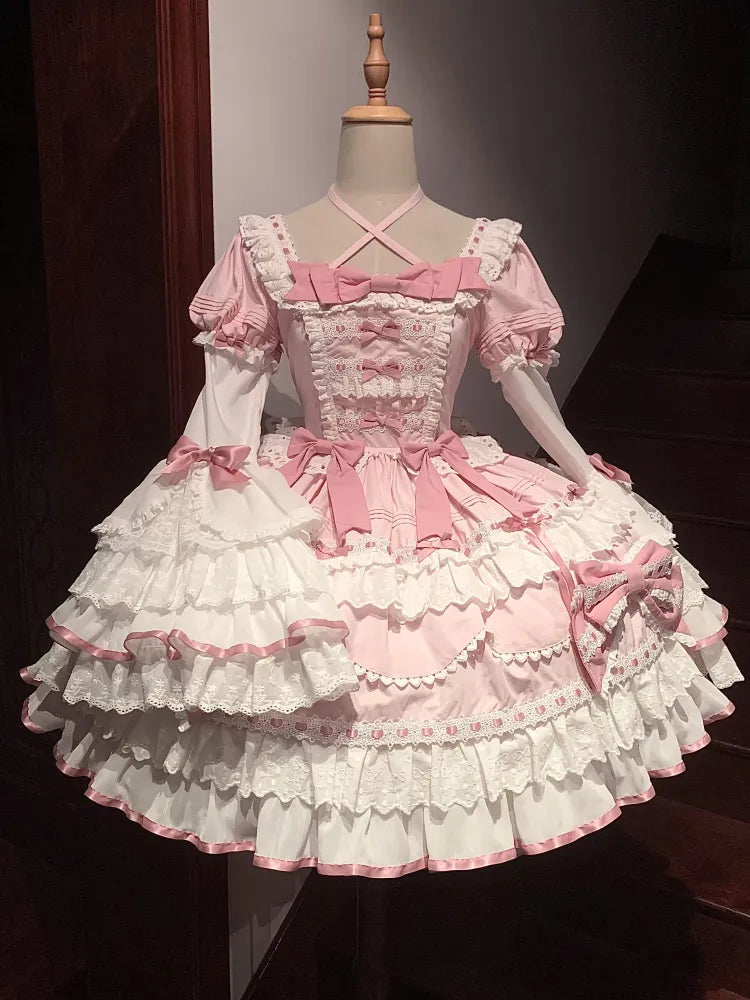 One Pink White and Bell Dress Piece Layered Lolita Sleeves School Long Old