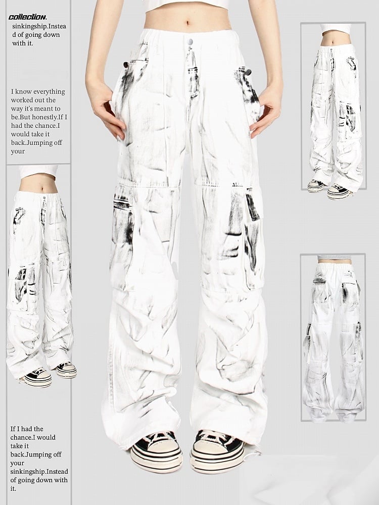 Vintage White Splatter Tie-Dye Loose Fit Cargo Jeans with Drawstring Waist
