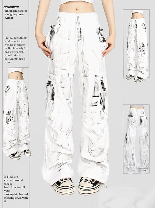 Vintage White Splatter Tie-Dye Loose Fit Cargo Jeans with Drawstring Waist
