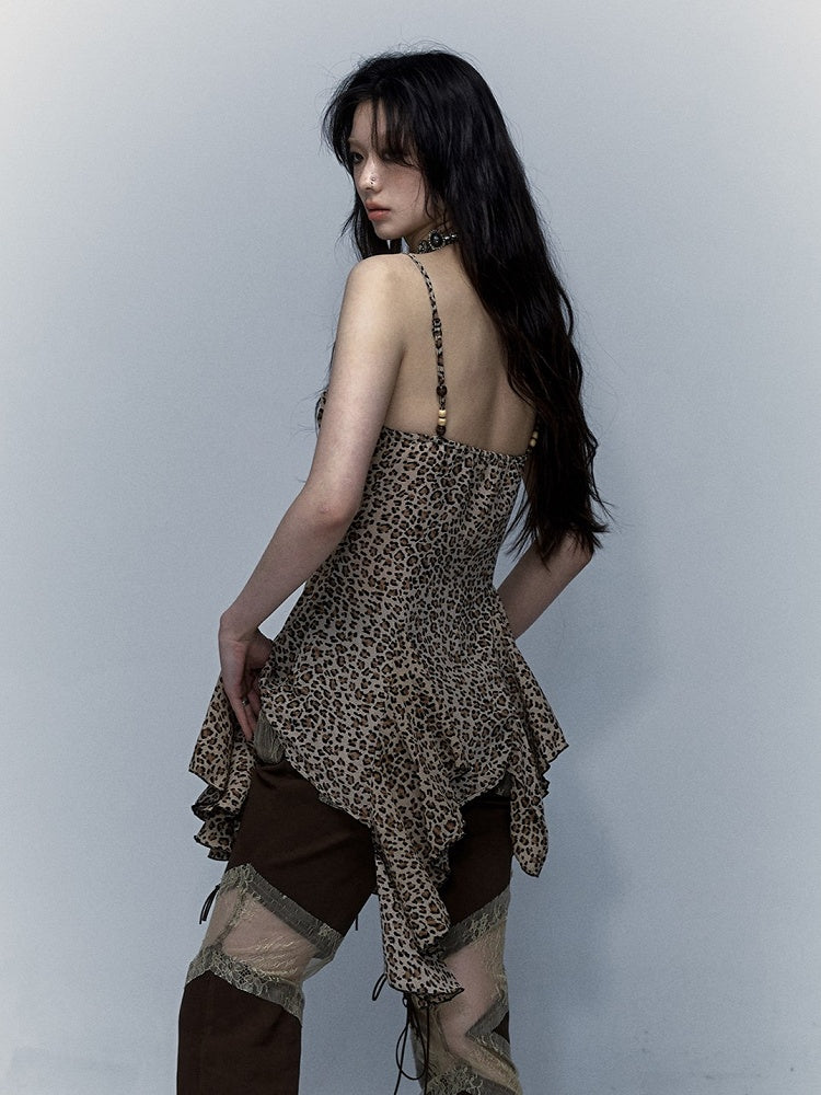 and Hem Trim Slip Y2K Punk Lace Dress with Leopard Handkerchief