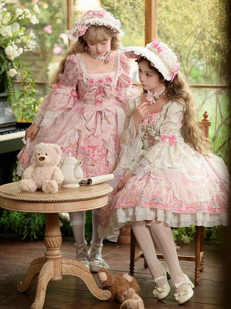 Pink Rosette Print Rococo Fashion Inspired Lolita Dress Square Neckline Bell Sleeves OP / Full Set