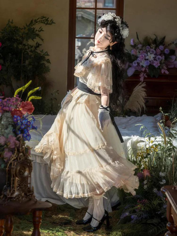 Beige Classic Waist Black Elegant Dress Neckline Lolita Illusion Edward Belt with