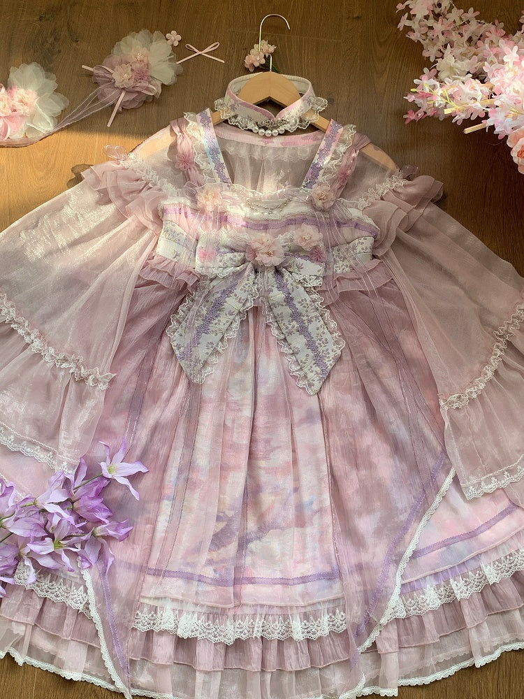 Han Bow Lolita Piece Long Pink-Purple Semi-sheer Print Sleeves Big Dress Whale Wide One