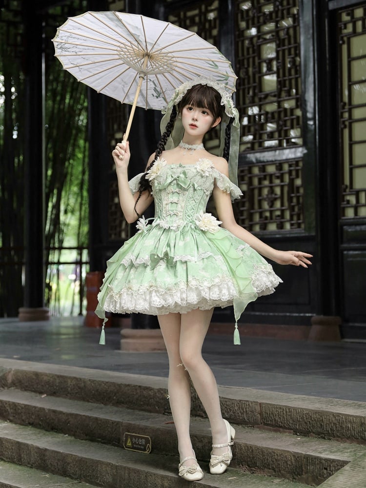 Green Top Frog Buttons Print Corset Skirt + and Jasmine-Embellished Floral Waist Lolita