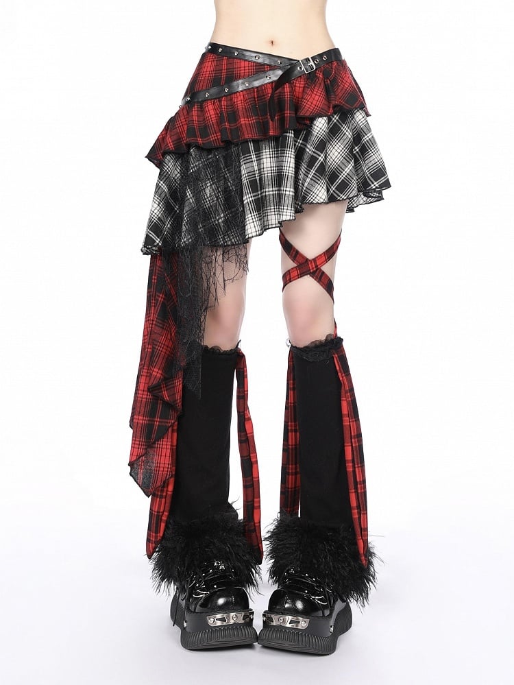 Asymmetrical Red White Plaid Tiered Skirt with Cascading Lace Ruffle Trim
