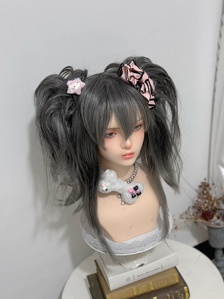 Clips Wig Gray Double Ponytail + 30CM Claw Bangs 38CM Straight Length With Ombre Hair Color